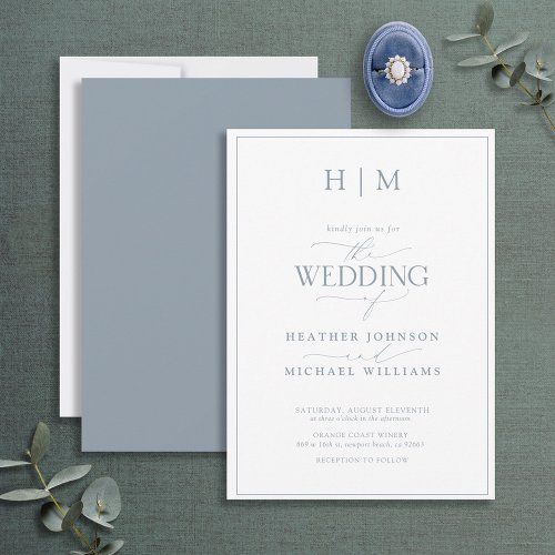 Elegant Formal Dusty Blue Calligraphy Wedding Invitation