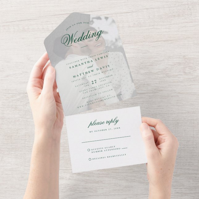 Elegant Formal Emerald Green Script Photo Wedding All In One Invitation (Tearaway)