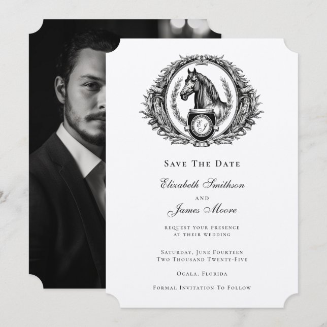 Elegant Formal Equestrian Monogram Crest Photo Save The Date (Front/Back)
