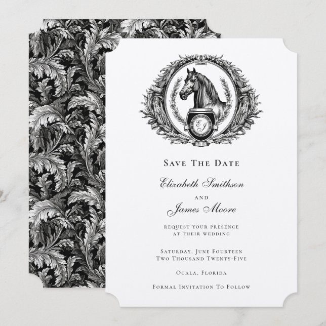 Elegant Formal Equestrian Monogram Crest Wedding Save The Date (Front/Back)