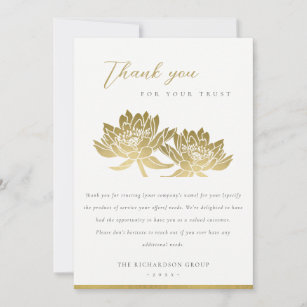 ELEGANT FORMAL FAUX GOLD LOTUS FLORAL BUSINESS THANK YOU CARD