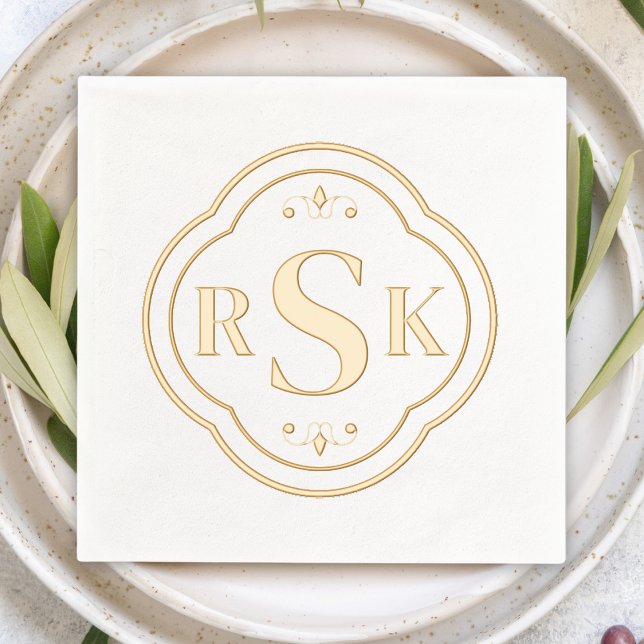 Elegant Formal Frame Monogram Initials  Foil Napkins (classy traditional monogram with quatrefoil border elegant personalized wedding napkins gold foil)