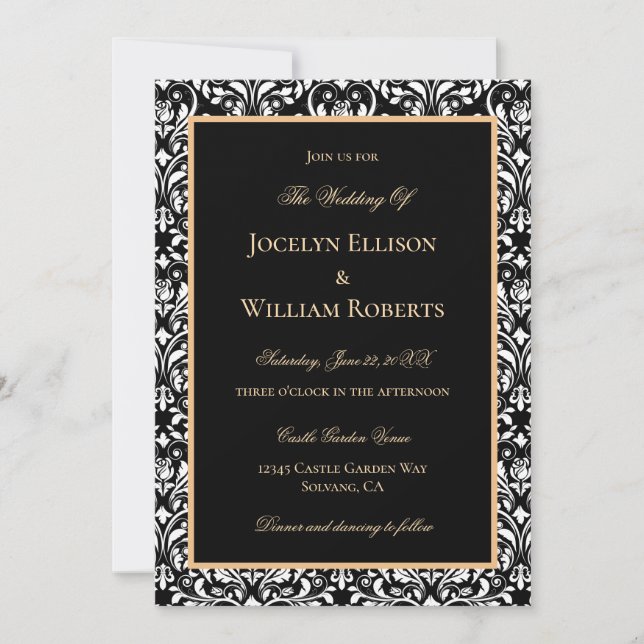 Elegant Formal Gold Black White Damask Wedding Invitation (Front)