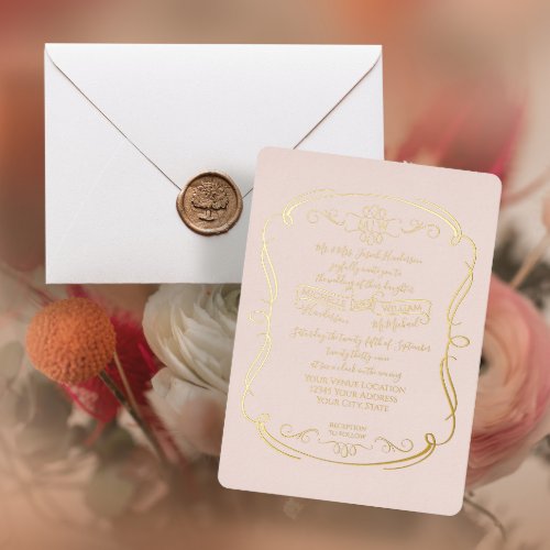 Elegant Formal Gold Blush Vintage Scrolls Wedding Foil Invitation