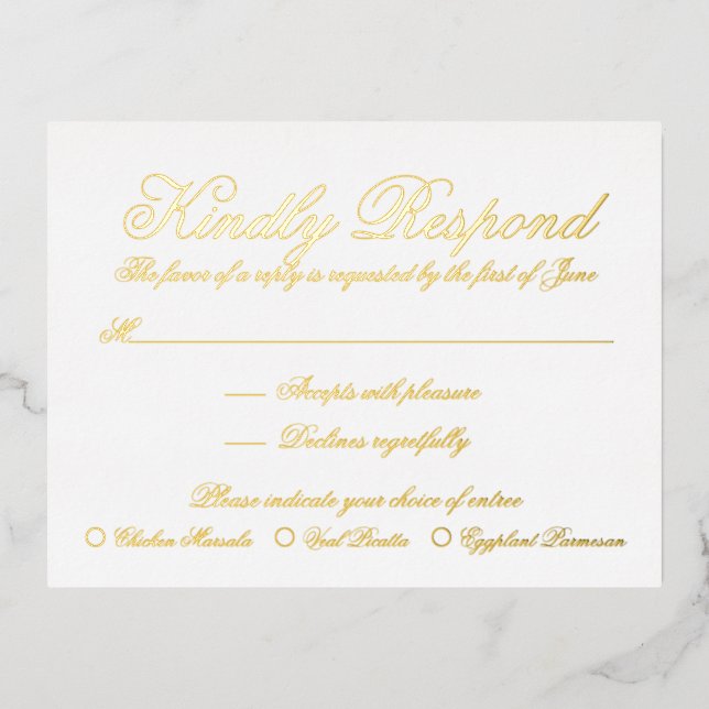 Elegant Formal Gold Foil Wedding RSVP Card (Front)