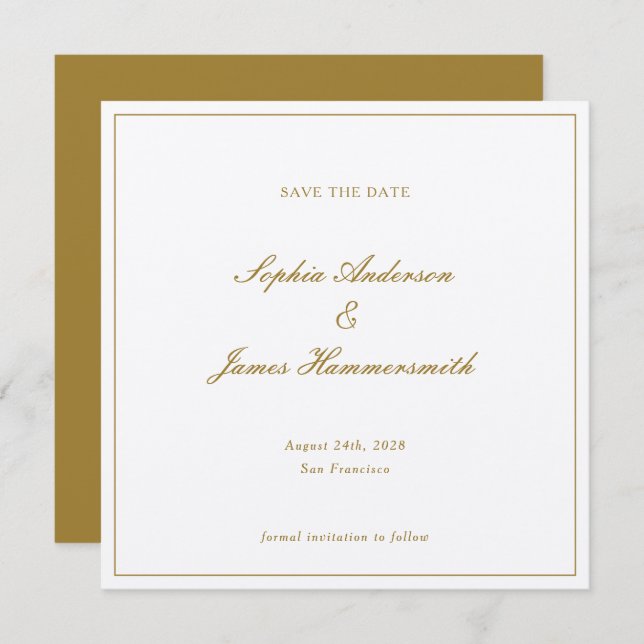 Elegant Formal Gold Ochre Frame Script Wedding Save The Date (Front/Back)