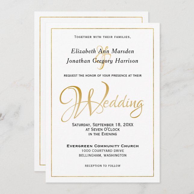 Elegant Formal Gold Script Calligraphy Wedding Invitation (Front/Back)