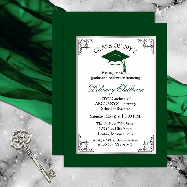 Elegant Formal Green College Graduation Party Invitation (Elegant Formal Silver Tone and Dark Green College | University Graduation Party Invitation )