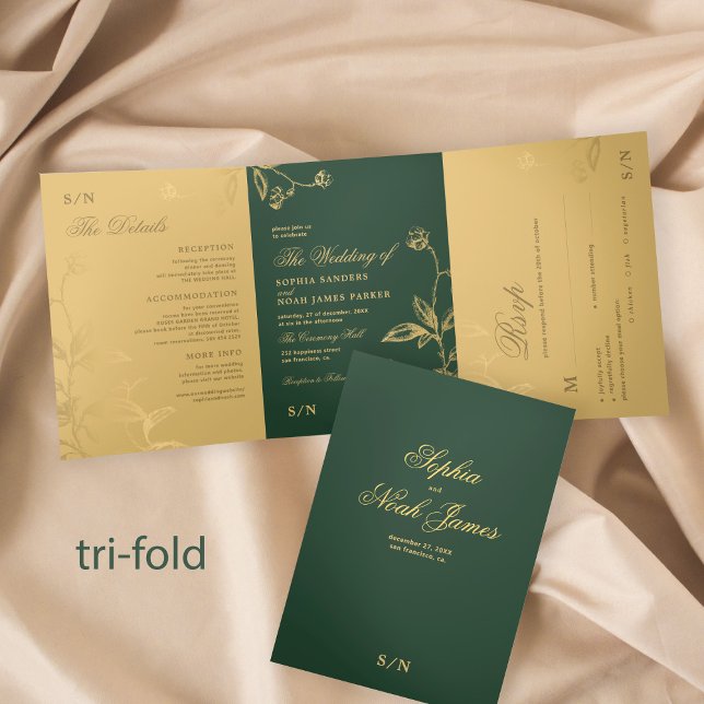 Elegant formal green gold wedding RSVP details Tri-Fold Invitation (Creator Uploaded)