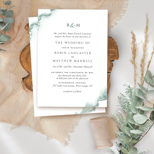 Elegant Formal Green Watercolor Monogram Wedding Invitation