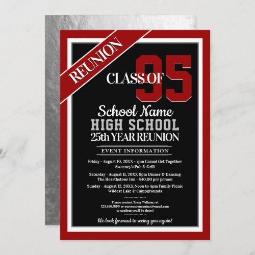 Elegant Formal High School Reunion Invitations - Great class reunion invitations in your school colors, that you personalize with all your celebration details for your big reunion event.