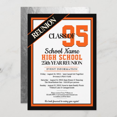 Elegant Formal High School Reunion Invitations - Great class reunion invitations in your school colors, that you personalize with all your celebration details for your big reunion event.