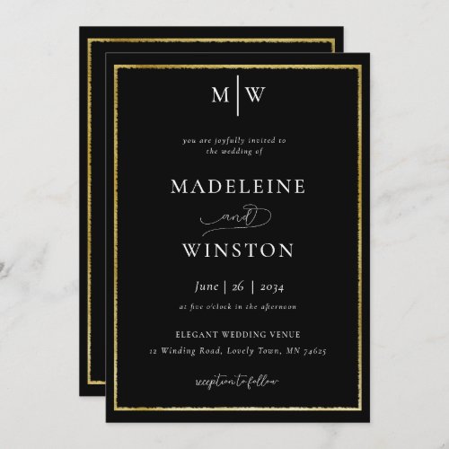 Elegant Formal Initials Black White Gold Wedding Invitation