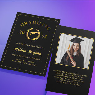 Elegant Formal Laurel Wreath Gold Cap Graduation Announcement