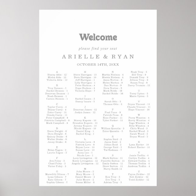 Elegant Formal Minimal Alphabetical Seating Chart (Front)