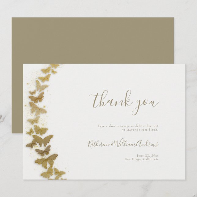 Elegant Formal Modern Gold Butterflies Wedding Tha Thank You Card (Front/Back)