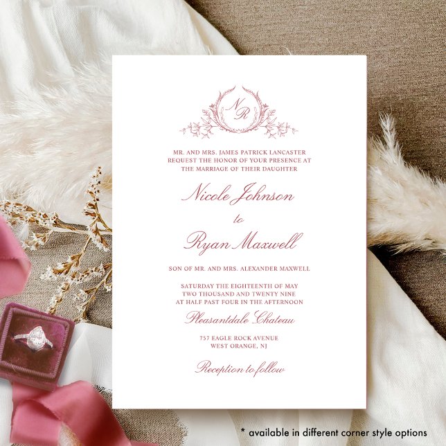 Elegant Formal Monogram Burgundy Wedding Invitation (Creator Uploaded)