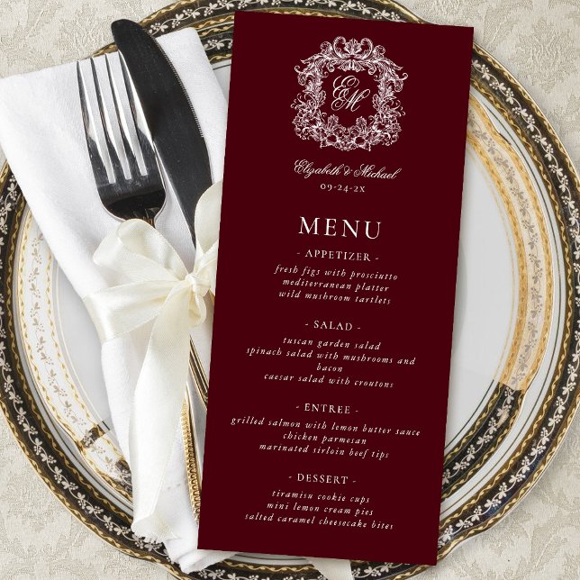 Elegant Formal Monogram Crest Burgundy Wedding Menu (Creator Uploaded)