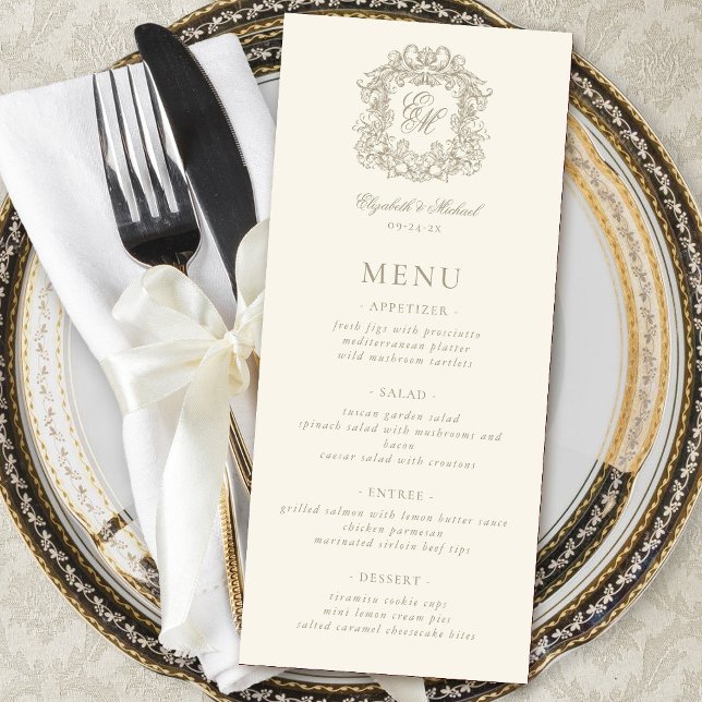 Elegant Formal Monogram Crest Ivory Wedding Menu (Creator Uploaded)