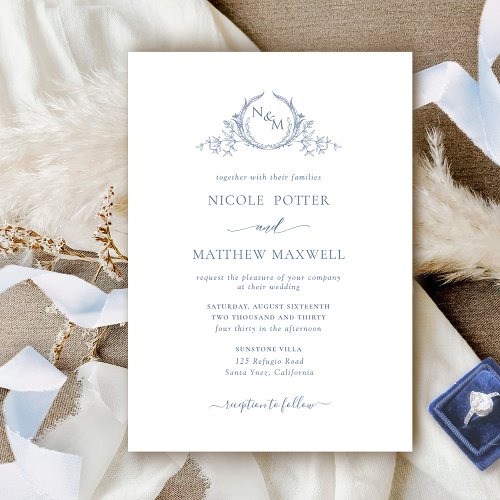 Elegant Formal Monogram Dusty Blue Wedding Invitation