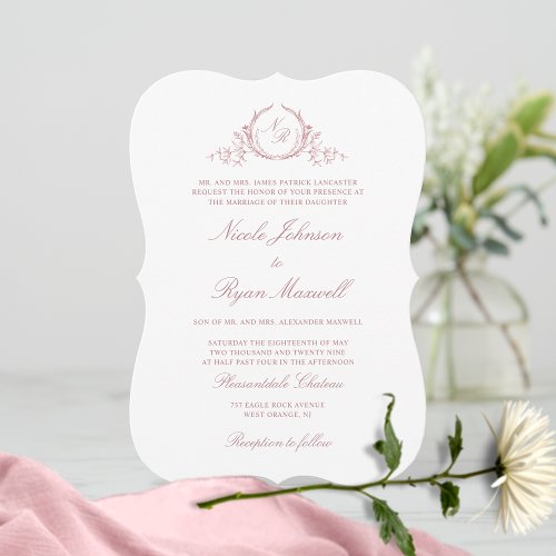 Elegant Formal Monogram Dusty Rose Wedding Invitation