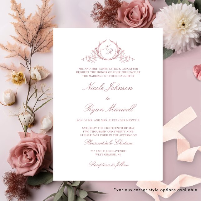 Elegant Formal Monogram Dusty Rose Wedding Invitation (Creator Uploaded)