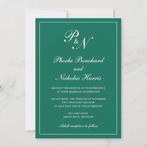 Elegant Formal Monogram Emerald Green Wedding Invitation