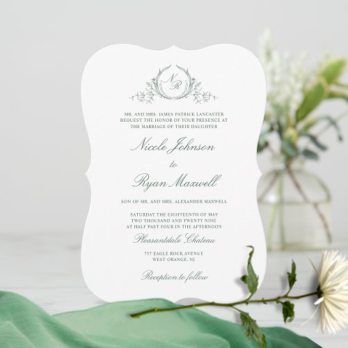 Elegant Formal Monogram Green Wedding Invitation
