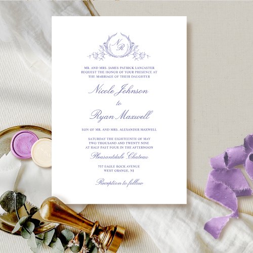Elegant Formal Monogram Lavender Wedding Invitation