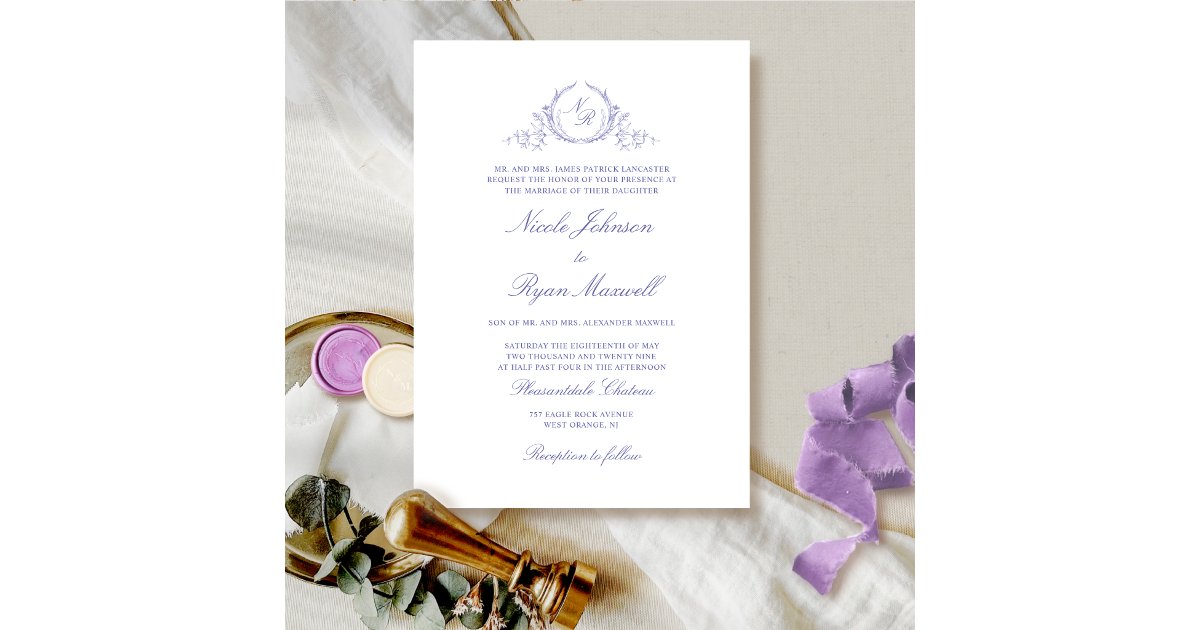 Elegant Formal Monogram Lavender Wedding Invitation | Zazzle