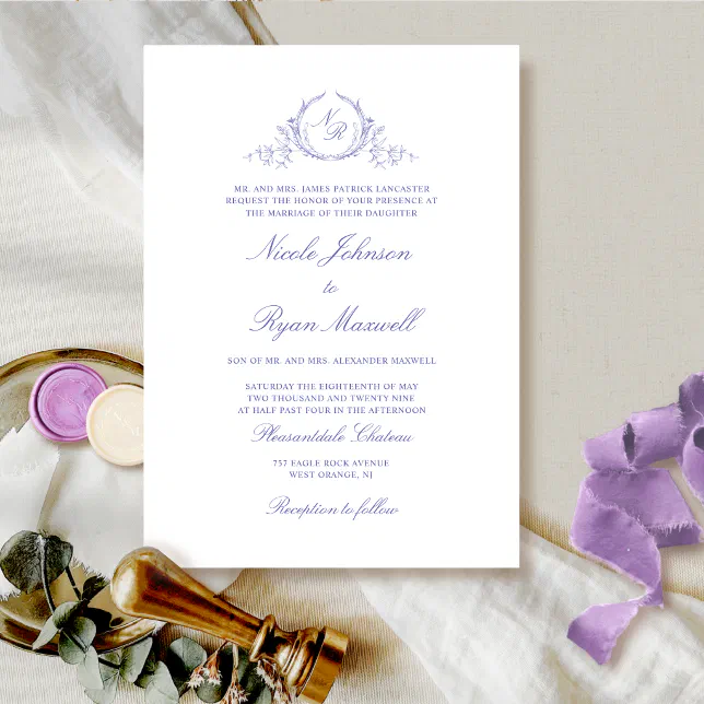 Elegant Formal Monogram Lavender Wedding Invitation 