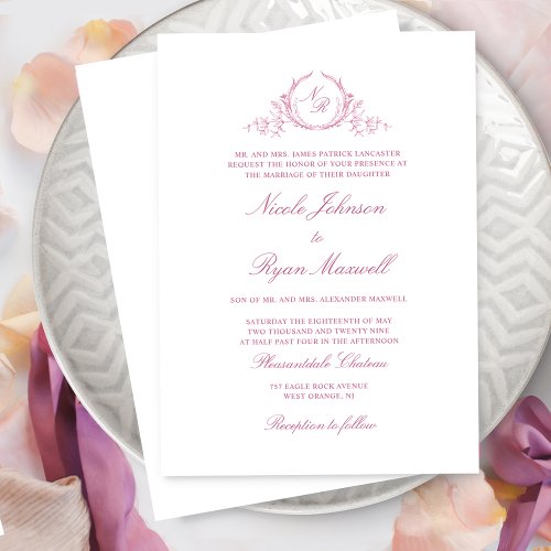 Elegant Formal Monogram Mauve Pink Wedding Invitation