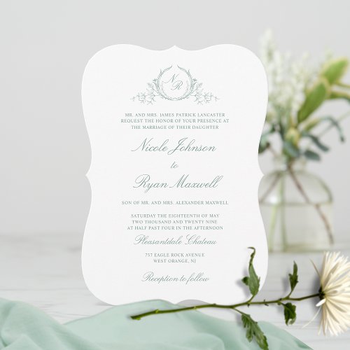 Elegant Formal Monogram Pale Green Wedding Invitation