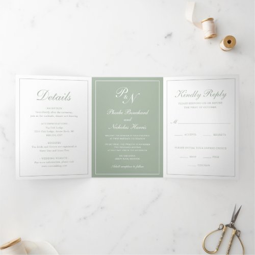 Elegant Formal Monogram Photo Sage Green Wedding Tri_Fold Invitation
