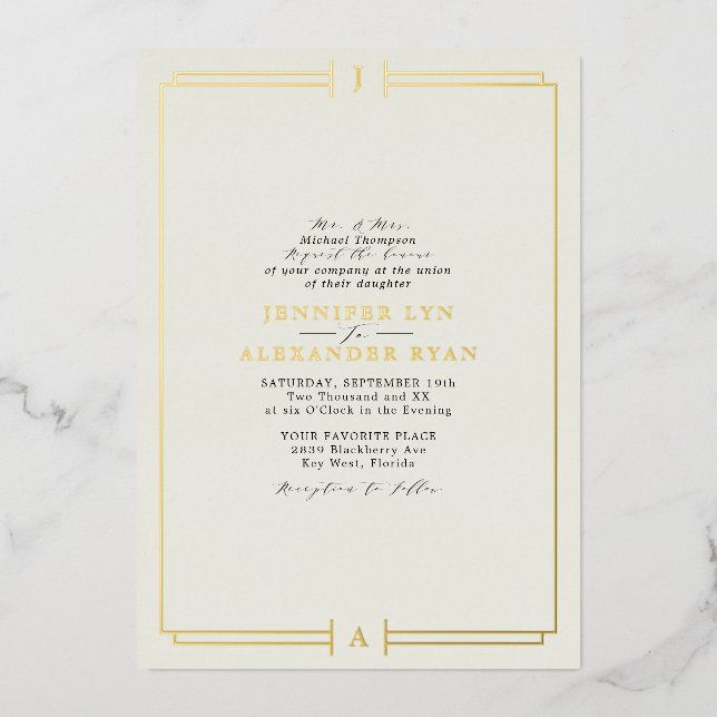 Elegant Formal Monogram RSVP QR Code Wedding Gold  Foil Invitation (Front)