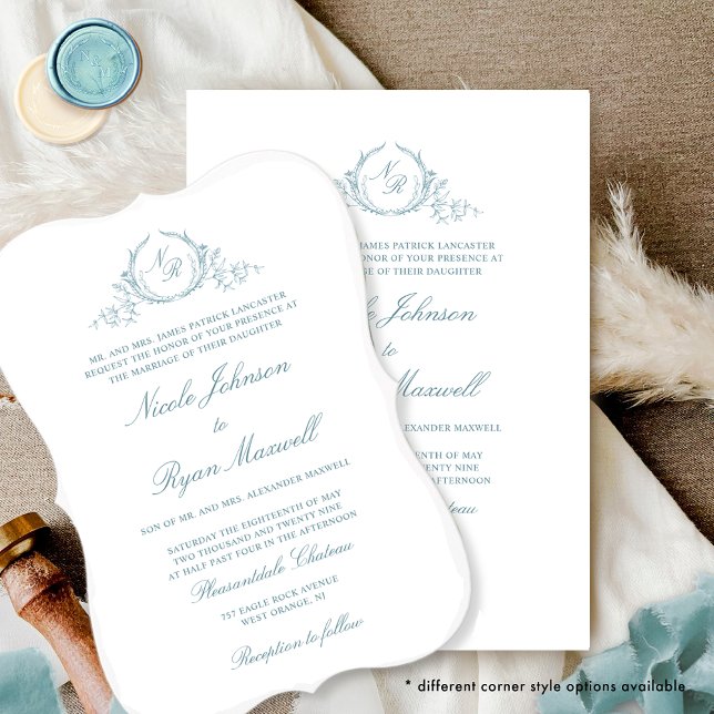 Elegant Formal Monogram Sea Glass Wedding Invitation (Creator Uploaded)