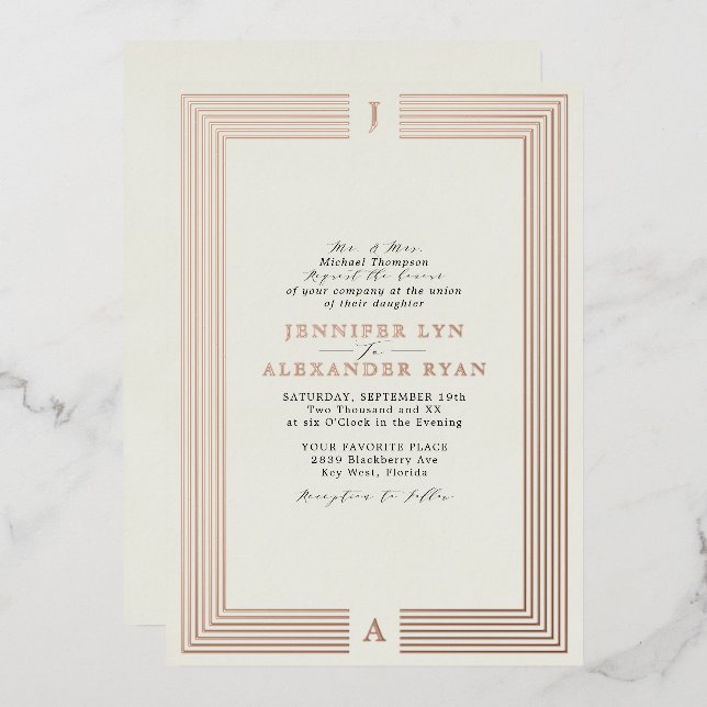 Elegant Formal Monogram Wedding RSVP QR Code Gold  Foil Invitation (Front/Back)