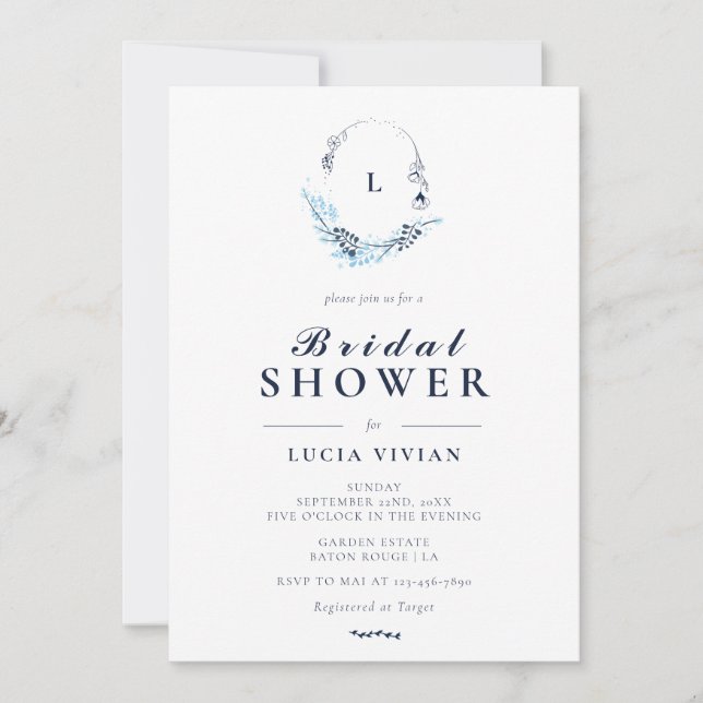 Elegant Formal Navy Blue Monogram Bridal Shower Invitation (Front)