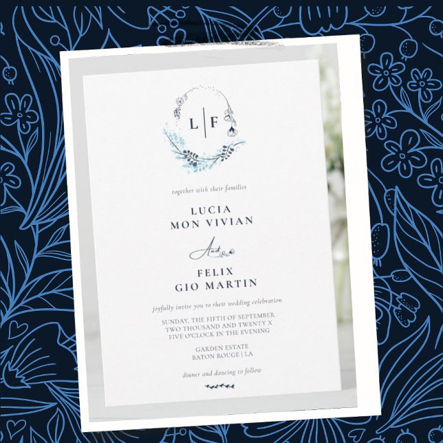 Elegant Formal Navy Blue Monogram Initial Wedding Invitation (Creator Uploaded)