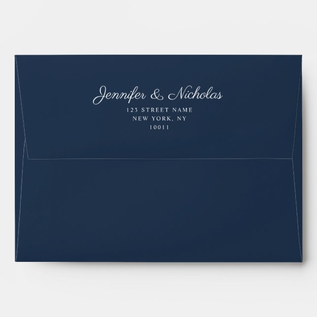 Elegant Formal Navy Blue Script Wedding Address Envelope (Back (Top Flap))