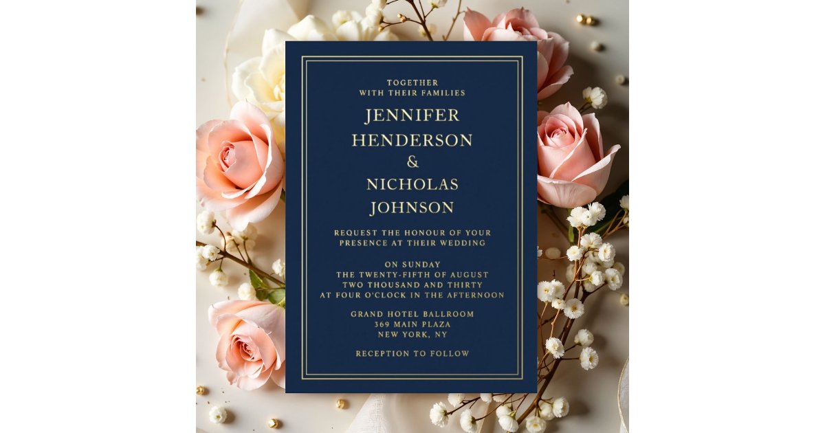 Elegant Formal Navy Blue Wedding Gold Foil Invitation | Zazzle