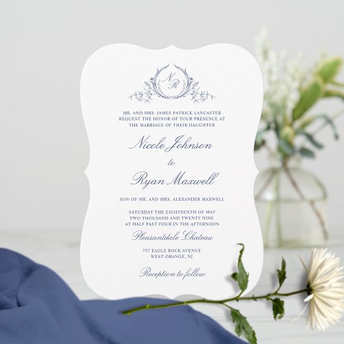 Elegant Formal Navy Monogram Wedding Invitation