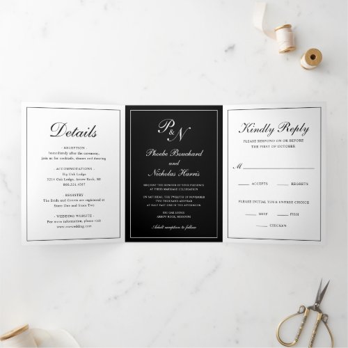 Elegant Formal Photo Black Monogram Wedding Tri_Fold Invitation