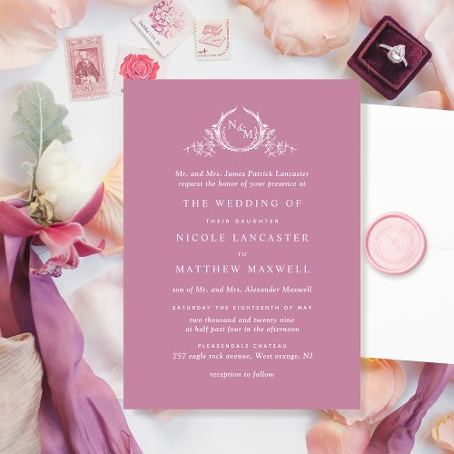 Elegant Formal Pink Monogram Wreath Wedding Invitation