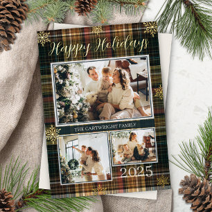 Elegant Formal Plaid Family Photo Happy Holidays Foil Invitation