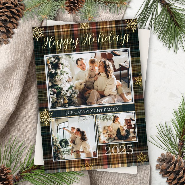 Elegant Formal Plaid Family Photo Happy Holidays Foil Invitation (Modern tartan plaid formal foil happy holidays 3 photo christmas card for elegant family stationery)