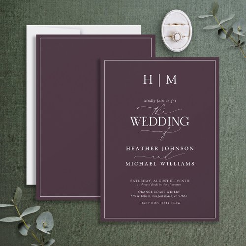 Elegant Formal Plum Purple Calligraphy Wedding Inv Invitation