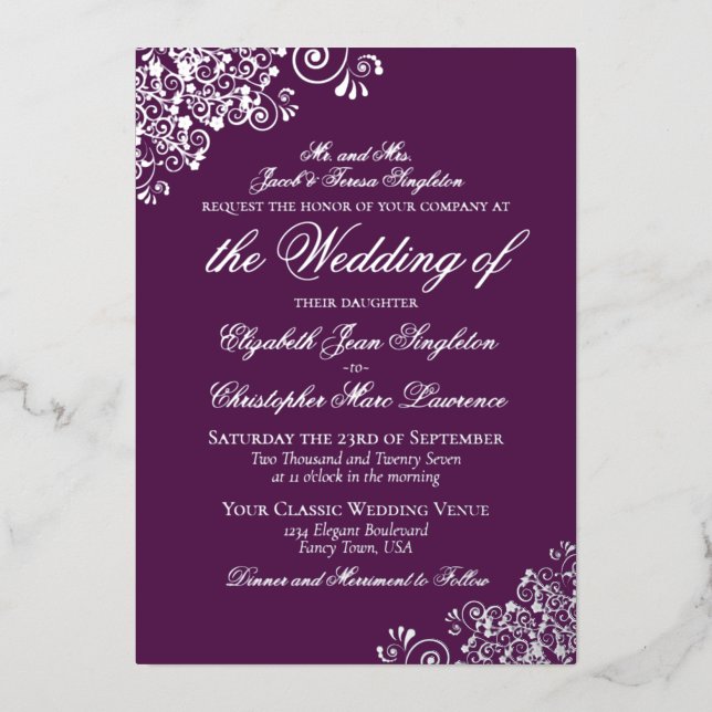Elegant Formal Plum Purple & Silver Wedding Foil Invitation (Front)