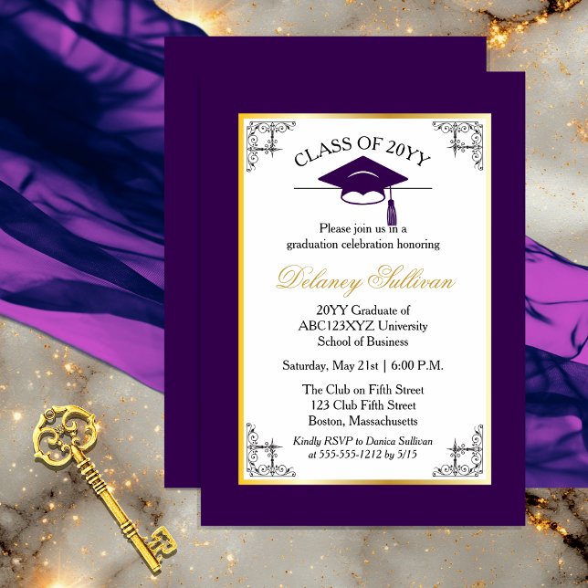 Elegant Formal Purple College Graduation Party Invitation (Elegant Formal Gold Tone and Dark Purple College | University Graduation Party Invitation )