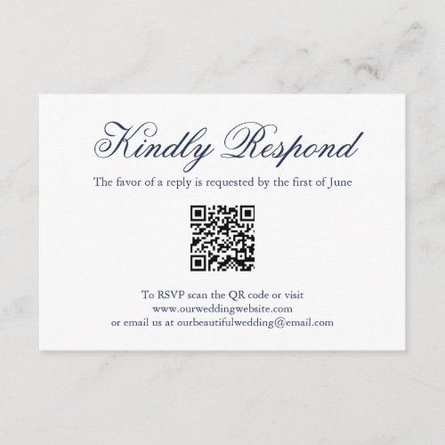 Elegant Formal QR Code Navy Blue Wedding RSVP Card